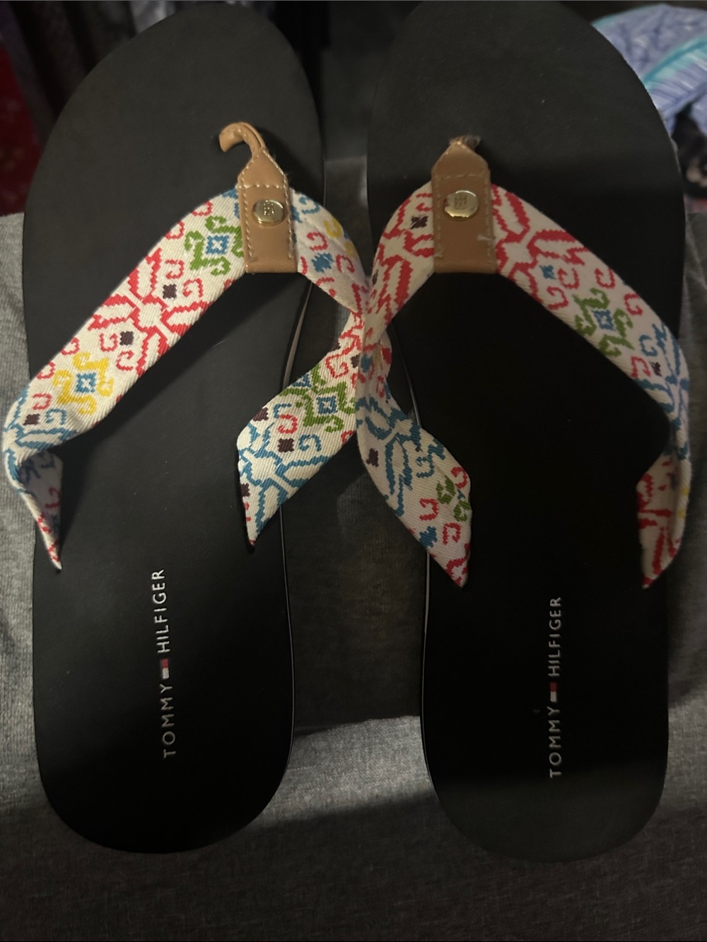 Tommy Hilfiger Black Flip-Flop Sandals with Multicolor Fabric Straps